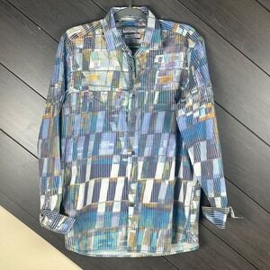 Brandolini Men Button Up Shirt Textured Patchwork Print L Blue Italy‎ Fabric